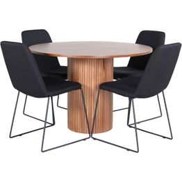 Pyöreä ruokailuryhmä Venture Home, Ø110cm pähkinänruskea Bianca-pöytä + 4 mustaa Muce-tuolia