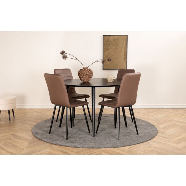 Ruokailuryhmä Venture Home, ⌀115cm musta Dipp-pöytä + 4 Windu Lyx -tuolia, mikrokuitu