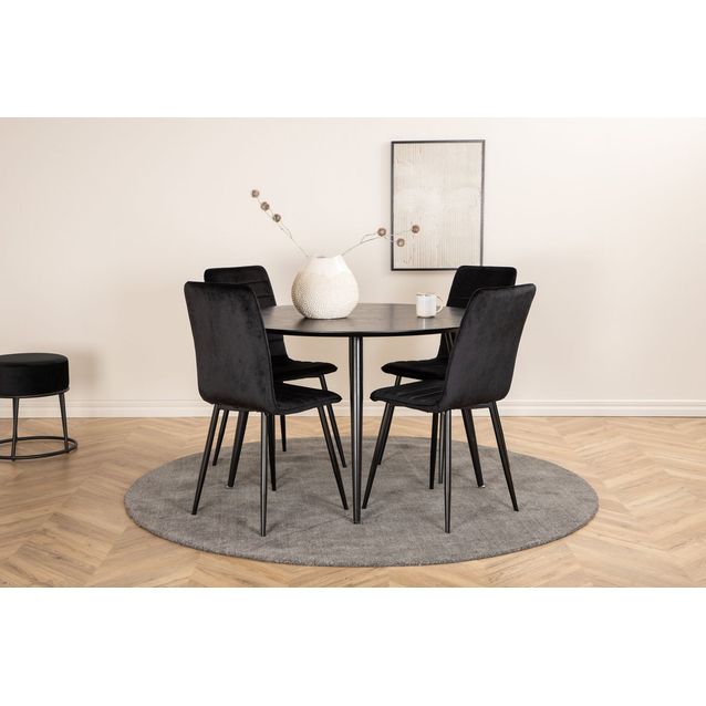 Ruokailuryhmä Venture Home, ⌀115cm musta Dipp-pöytä + 4 mustaa Windu Lyx -tuolia, sametti