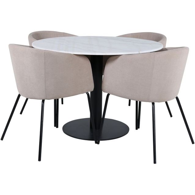 Ruokailuryhmä Venture Home, ⌀106cm valkoinen Estelle-pöytä + 4 beigeä Berit-tuolia