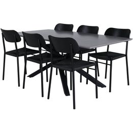 Ruokailuryhmä Venture Home, 180x90cm harmaa Piazza-pöytä + 6 mustaa Polly-tuolia