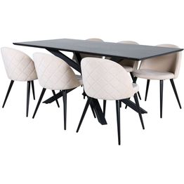Ruokailuryhmä Venture Home, 180x90cm Piazza-pöytä + 6 beigeä Velvet Stitches -tuolia, sametti