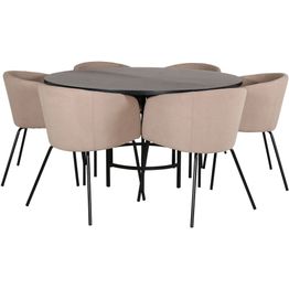 Ruokailuryhmä Venture Home, ⌀140cm musta Copenhagen-pöytä + 6 beigeä Berit-tuolia