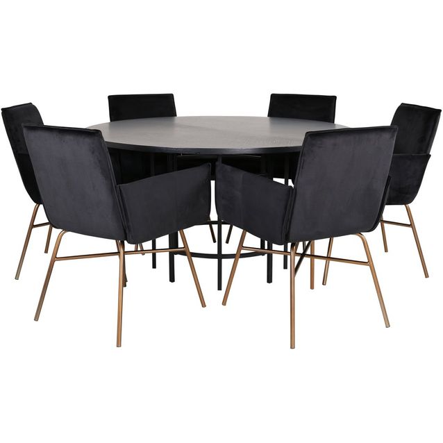 Ruokailuryhmä Venture Home, ⌀140cm musta Copenhagen-pöytä + 6 mustaa Petra-tuolia, kupari/sametti