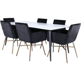 Ruokailuryhmä Venture Home, jatkettava Jimmy-pöytä + 6 mustaa Petra-tuolia, sametti