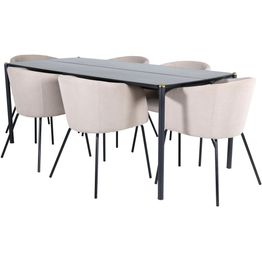 Ruokailuryhmä Venture Home, 190x90cm musta Pelle-pöytä + 6 beigeä Berit-tuolia