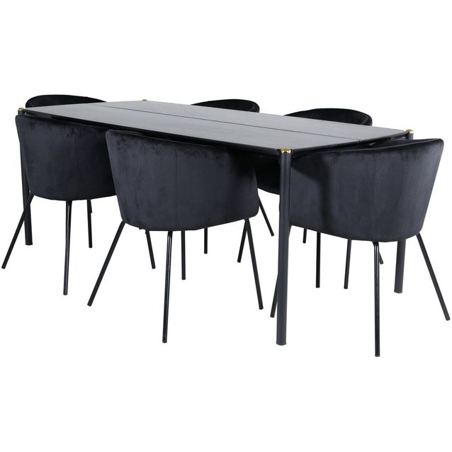 Ruokailuryhmä Venture Home, 190x90cm musta Pelle-pöytä + 6 Berit-tuolia, sametti