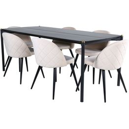 Ruokailuryhmä Venture Home, 190x90cm musta Pelle-pöytä + 6 beigeä Velvet Stitches -tuolia, sametti