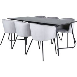 Ruokailuryhmä Venture Home, 190x90cm musta Petra-pöytä + 6 vaaleanharmaata Berit-tuolia, sametti