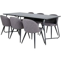 Ruokailuryhmä Venture Home, 190x90cm musta Petra-pöytä + 6 harmaata Velvet Stitches-tuolia