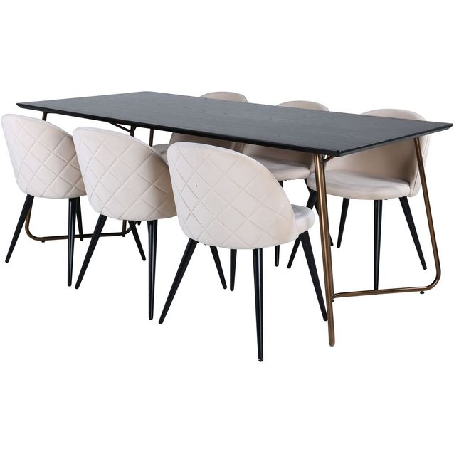 Ruokailuryhmä Venture Home, 190x90cm Petra-pöytä + 6 beigeä Velvet Stitches -tuolia, sametti