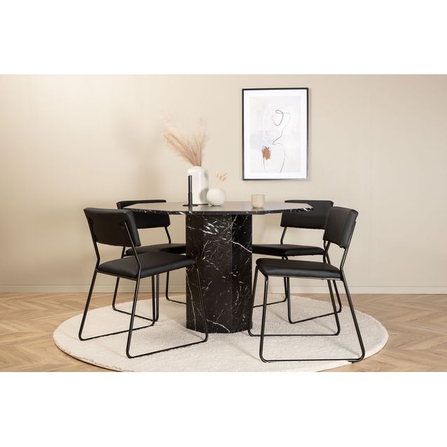Ruokailuryhmä Venture Home, ⌀110cm musta Marbs-pöytä + 4 mustaa Kenth-tuolia, keinonahka
