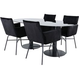 Soikea ruokailuryhmä Venture Home, 180x100cm musta Pillan-pöytä + 4 Petra-tuolia, sametti