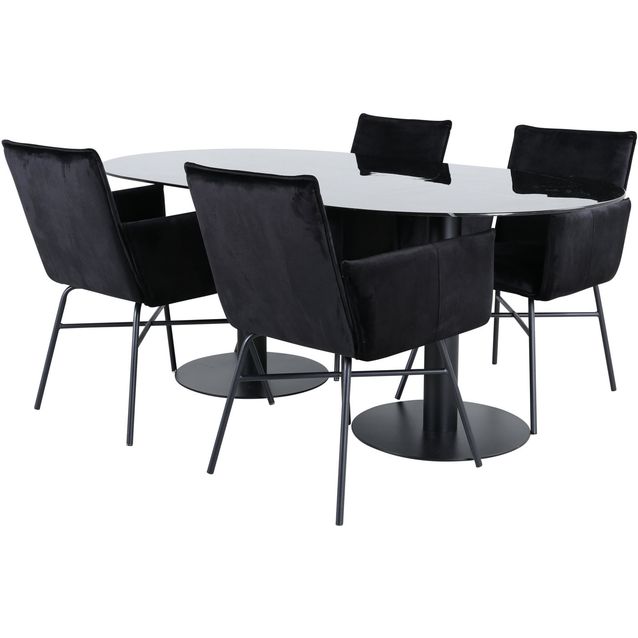 Soikea ruokailuryhmä Venture Home, 180x100cm musta Pillan-pöytä + 4 Petra-tuolia, sametti