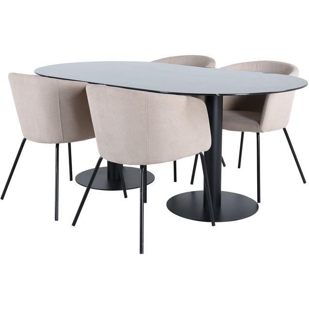 Soikea ruokailuryhmä Venture Home, 180x100cm musta Pillan-pöytä + 4 beigeä Berit-tuolia
