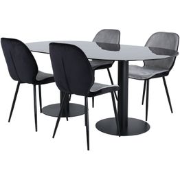 Soikea ruokailuryhmä Venture Home, 180x100cm musta Pillan-pöytä + 4 harmaata Emma-tuolia, sametti