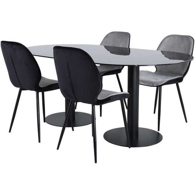 Soikea ruokailuryhmä Venture Home, 180x100cm musta Pillan-pöytä + 4 harmaata Emma-tuolia, sametti