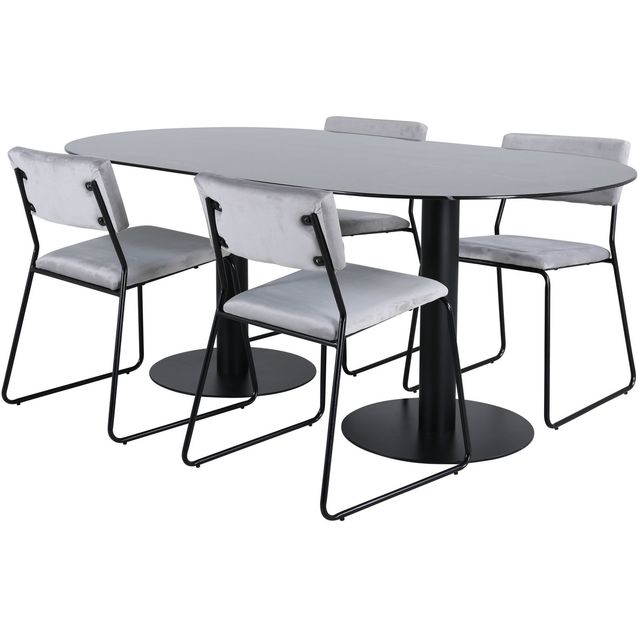 Soikea ruokailuryhmä Venture Home, 180x100cm musta Pillan-pöytä + 4 harmaata Kenth-tuolia, sametti