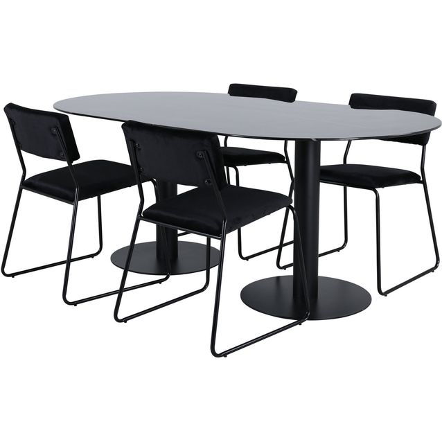 Soikea ruokailuryhmä Venture Home, 180x100cm musta Pillan-pöytä + 4 mustaa Kenth-tuolia, sametti