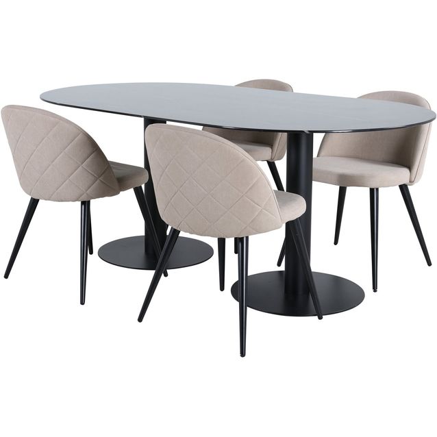 Soikea ruokailuryhmä Venture Home, 180x100cm musta Pillan-pöytä + 4 Velvet-tuolia