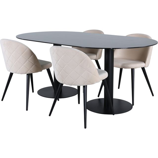 Soikea ruokailuryhmä Venture Home, 180x100cm musta Pillan-pöytä + 4 beigeä Velvet-tuolia, sametti