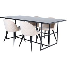 Ruokailuryhmä Venture Home, 200x90cm musta Leif-pöytä + 4 beigeä Velvet Stitches -tuolia, sametti