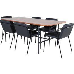 Ruokailuryhmä Venture Home, 200x90cm ruskea Uno-pöytä + 6 mustaa Tvist-tuolia, keinonahka