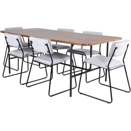 Ruokailuryhmä Venture Home, 200x90cm Uno-pöytä + 6 vaaleanharmaata Kenth-tuolia, sametti