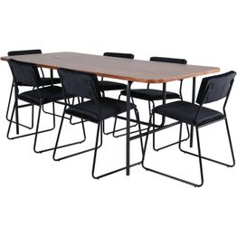 Ruokailuryhmä Venture Home, 200x90cm ruskea Uno-pöytä + 6 mustaa Kenth-tuolia
