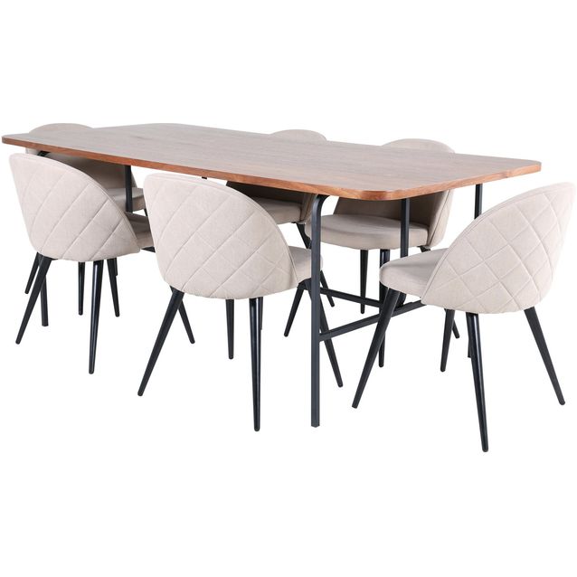Ruokailuryhmä Venture Home, 200x90cm ruskea Uno-pöytä + 6 beigeä Velvet-tuolia