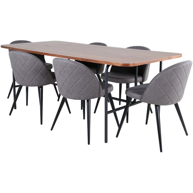 Ruokailuryhmä Venture Home, 200x90cm ruskea Uno-pöytä + 6 Velvet-tuolia, sametti