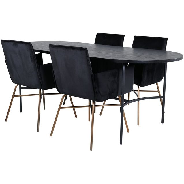 Ruokailuryhmä Venture Home, 200x90cm musta Skate-ruokapöytä + 4 mustaa Petra-tuolia, sametti