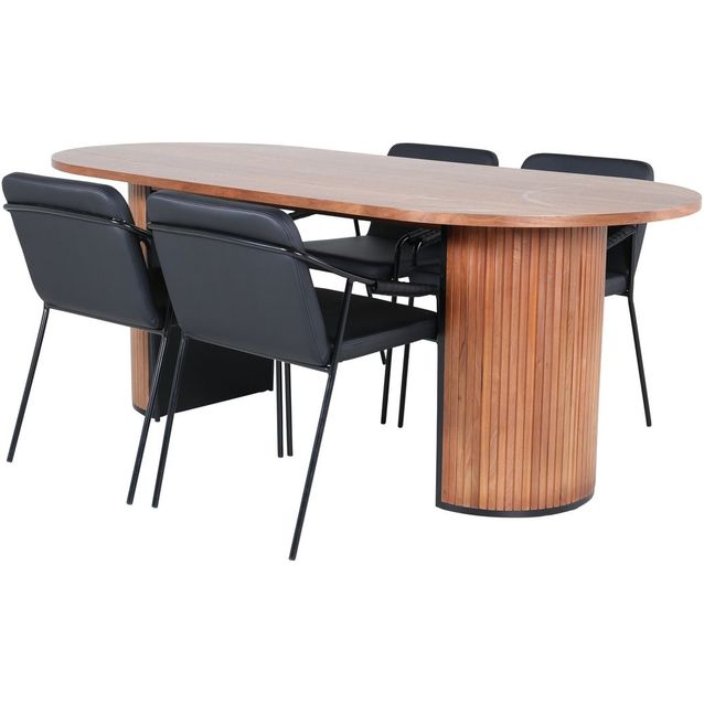 Ruokailuryhmä Venture Home, 200x90cm ruskea Bianca Oval -pöytä + 4 mustaa Tvist-tuolia, keinonahka