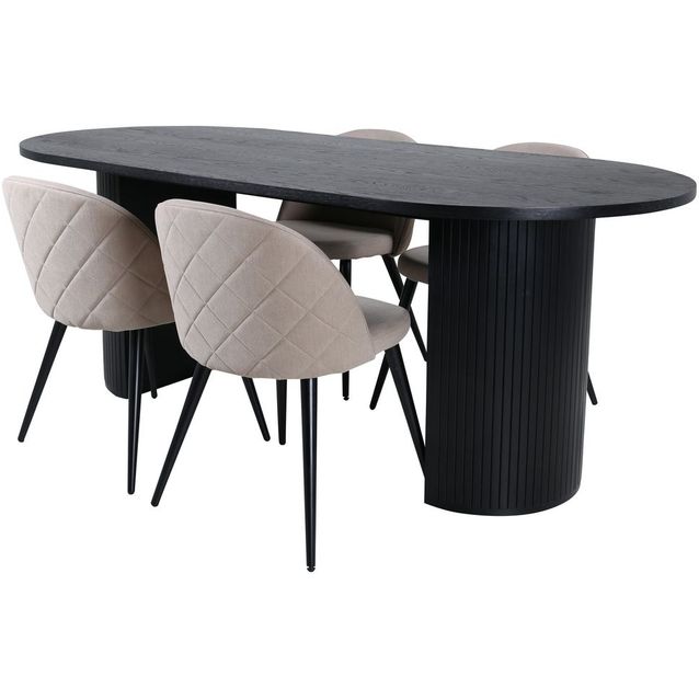 Ruokailuryhmä Venture Home, 200x90cm musta Bianca Oval -pöytä + 4 beigeä Velvet Stitches -tuolia
