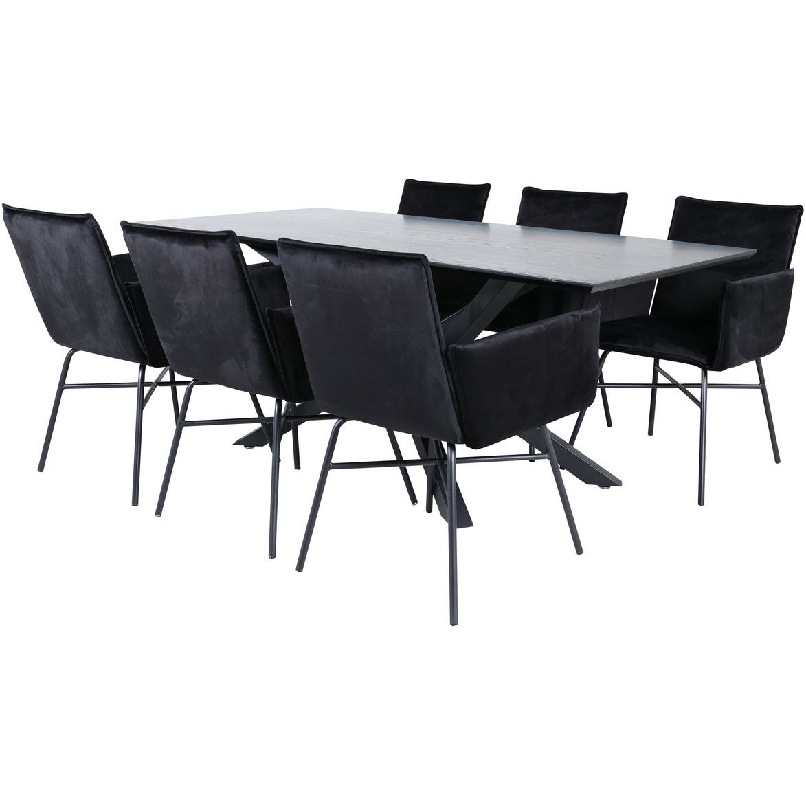 Ruokailuryhmä Venture Home, 180x90cm musta Piazza-pöytä + 6 mustaa Petra-tuolia, sametti