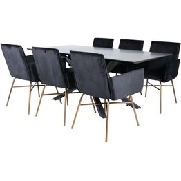 Ruokailuryhmä Venture Home, 180x90cm Piazza-pöytä + 6 mustaa Petra-tuolia, sametti/kupari