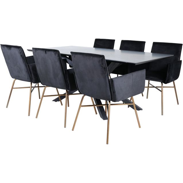 Ruokailuryhmä Venture Home, 180x90cm Piazza-pöytä + 6 mustaa Petra-tuolia, sametti/kupari