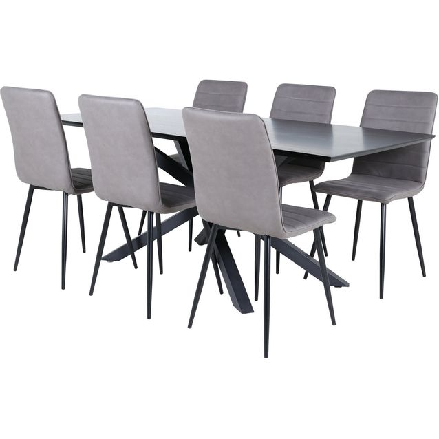 Ruokailuryhmä Venture Home, 180x90cm musta Piazza-pöytä + 6 harmaata Windu-tuolia