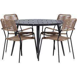 Ruokailuryhmä Venture Home, ø120cm musta Break-pöytä + 4 ruskeaa Lindos-tuolia, käsinojilla