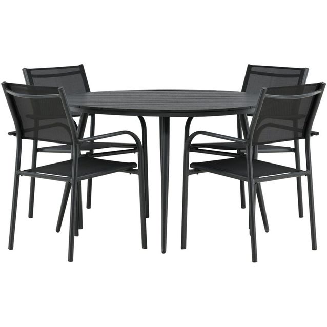 Ruokailuryhmä Venture Home, ø120cm musta Break-pöytä + 4 mustaa, pinottavaa Santorini-tuolia