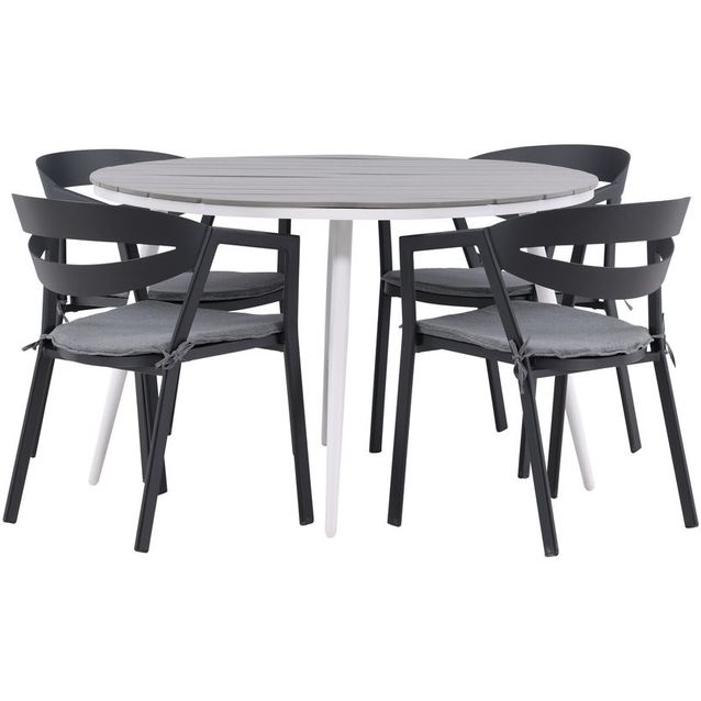 Ruokailuryhmä Venture Home, ø120cm harmaa/valkoinen Break-pöytä + 4 mustaa Slit-tuolia harmailla pehmusteilla