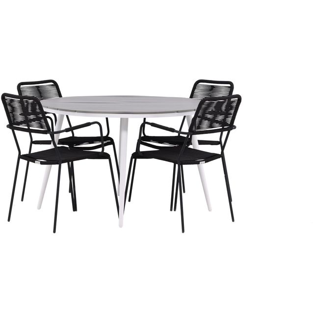 Ruokailuryhmä Venture Home, ø120cm harmaa/valkoinen Break-pöytä + 4 mustaa Lindos-tuolia, käsinojilla