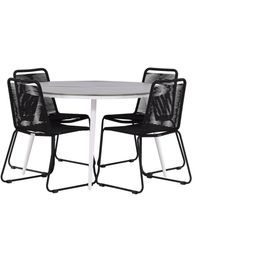 Ruokailuryhmä Venture Home, ø120cm harmaa/valkoinen Break-pöytä + 4 mustaa, pinottavaa Lindos-tuolia
