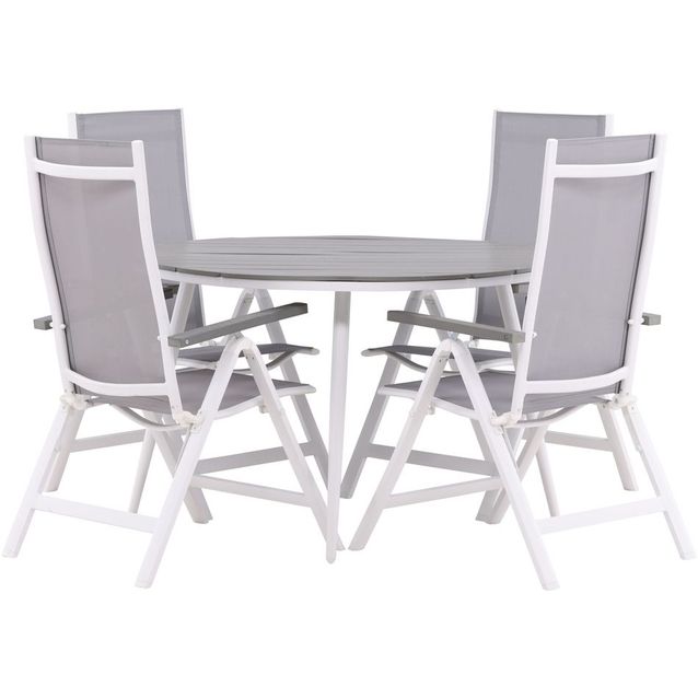 Ruokailuryhmä Venture Home, ø120cm harmaa/valkoinen Break-pöytä + 4 harmaa/valkoista Albany-säätötuolia