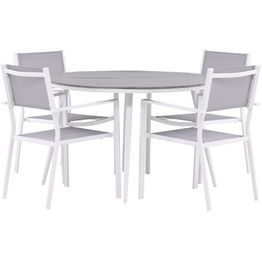 Ruokailuryhmä Venture Home, ø120cm harmaa/valkoinen Break-pöytä + 4 harmaa/valkoista, pinottavaa Copacabana-tuolia