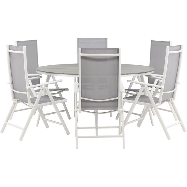 Ruokailuryhmä Venture Home, ø150cm, harmaa/valkoinen Break-pöytä + 6 harmaa/valkoista Break-säätötuolia
