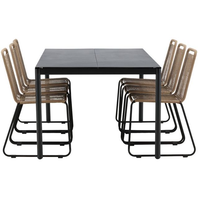 Ruokailuryhmä Venture Home, 200x100cm musta Modena-pöytä + 6 pinottavaa Lindos-tuolia