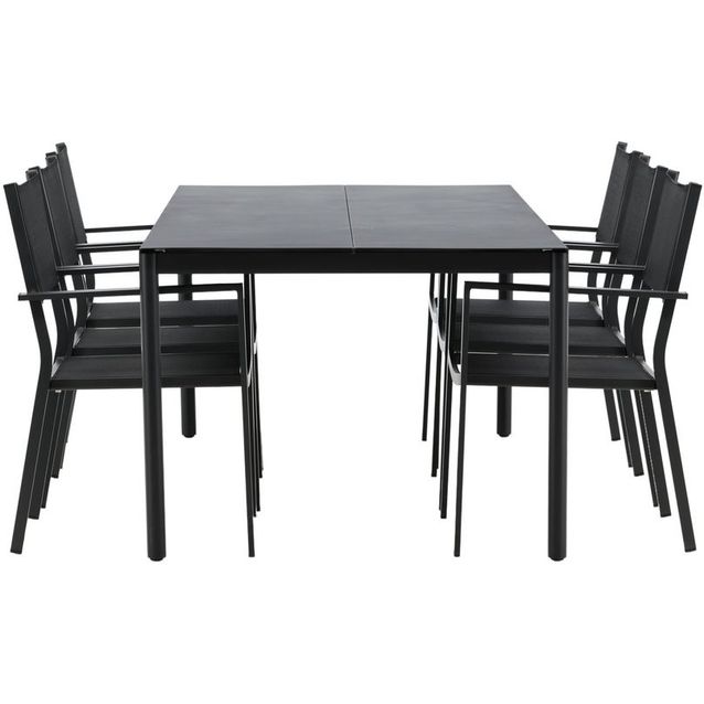Ruokailuryhmä Venture Home, 200x100cm musta Modena-pöytä + 6 mustaa, pinottavaa Copacabana-tuolia
