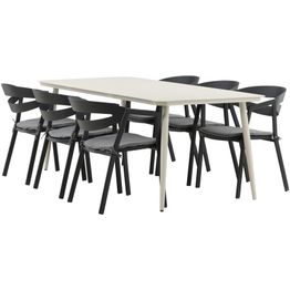 Ruokailuryhmä ulos Venture Home, beige Lina-pöytä 200x90cm + 6 mustaa Slit-tuolia