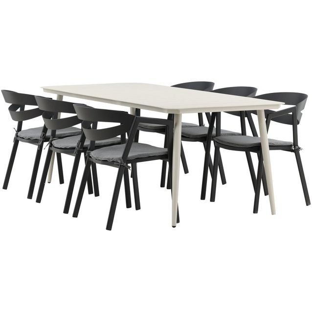 Ruokailuryhmä ulos Venture Home, beige Lina-pöytä 200x90cm + 6 mustaa Slit-tuolia